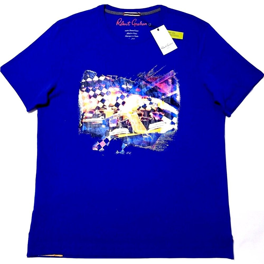 NEW Robert Graham Auto Racing Checkered Large Blue Graphic Crewneck T-Shirt